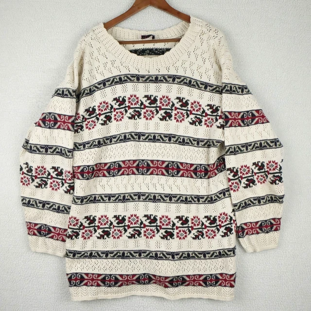 Vintage Sweater Womens Large White Green Striped Festive Oversized Cottagecore