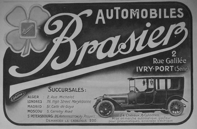 Publicité De Presse 1914 Automobiles Brasier 24 Chevaux 6 Cylindres - E.besson