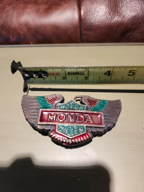 Vintage Honda Motor Cycles Belt Buckle Solid Brass 1970s Wings Logo Colored 2