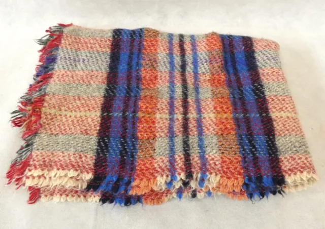 Vintage Tweedmill Pure Wool Blanket Throw Red Cream Blue Fringed 48" x 36" (Lei)