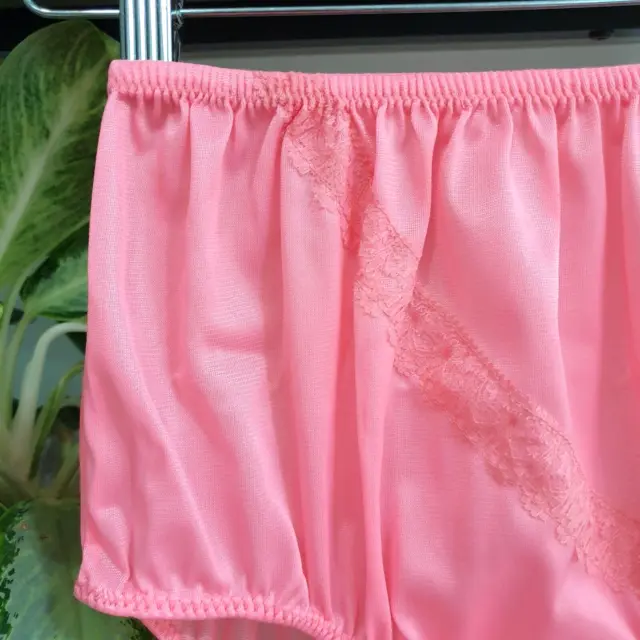 VINTAGE SILKY NYLON Panty Coral Pink Sissy Lace Granny Brief Size 6/M ...