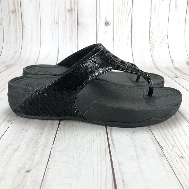 FitFlop Electra Sandals Toe Post Thong Wedge Slip On Black Sequin Womens Size 8 3