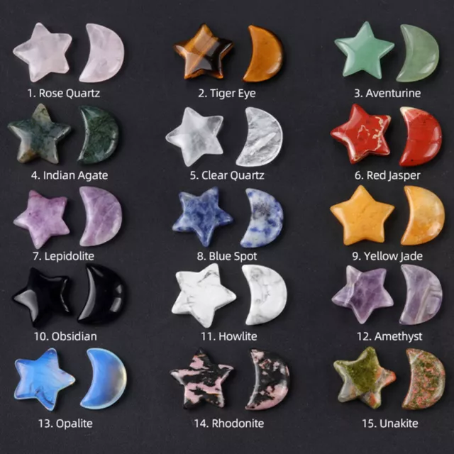 20mm Natural Crystal Crescent Moon & Star Gemstone Pocket Palm Worry Reiki Stone