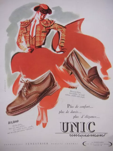 Publicité De Presse 1952 Unic Cadix Mocassin Bilbao Soulier - J.hercey - Corrida