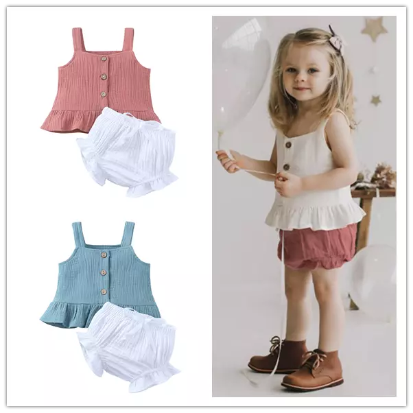 2pcs Toddler Kids Baby Girls Outfit Gallus Tops+ shorts Summer Clothes Set