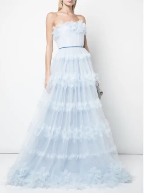 Marchesa Notte Nava Dress Size 0 Blue Strapless Tulle Floral Gown Dress