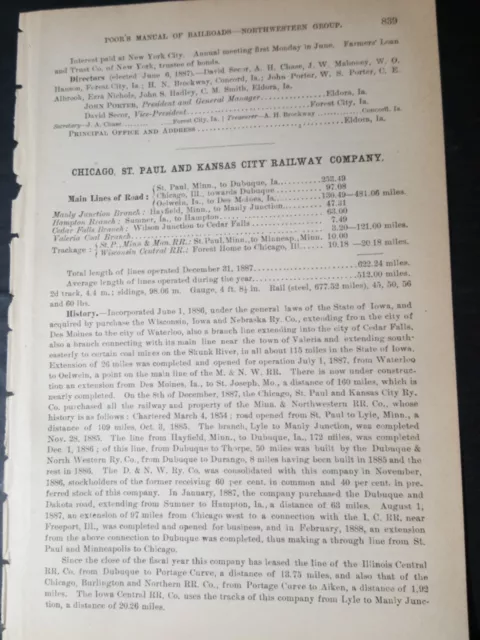 1888 train report CHICAGO ST PAUL & KANSAS CITY RAILROAD Sumner Oelwein IOWA
