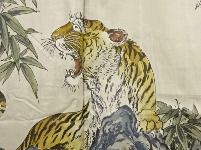 6400111: JAPANESE KIMONO / ANTIQUE MENS HAORI / TSUMUGI / TIGER (lining)