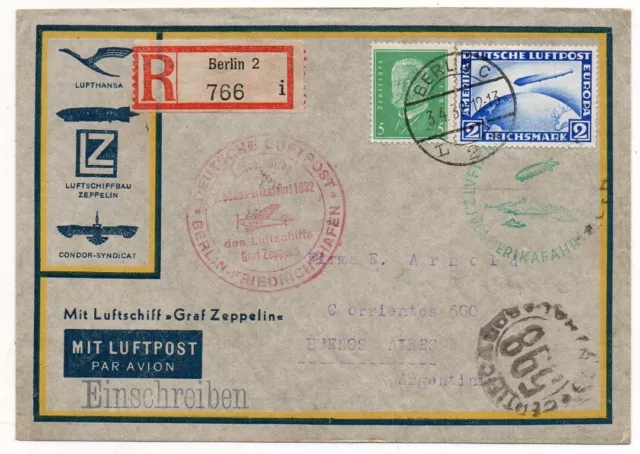 1932 Germany To Argentina Zeppelin Commercial Cover, Scarce Color Cancels Wow