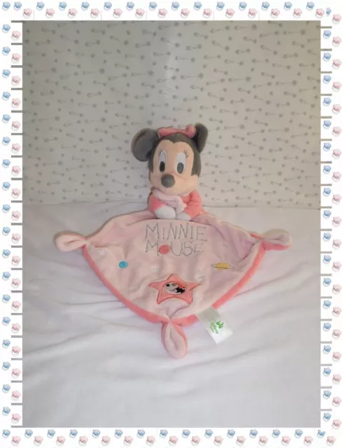 M - Doudou Semi Plat  Minnie Mouchoir Rose  Broderies Etoile Lune  Disney Baby