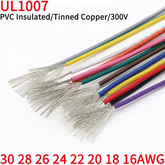 5/10M UL1007 PVC Tinned Copper Single Core Wire Cable 16/18/20/22/24/26/30 AWG