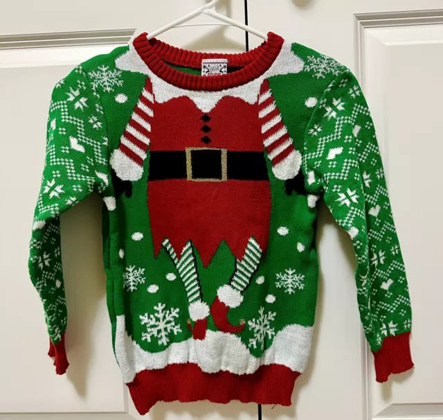 Kids Christmas Holiday Ugly Elf Sweater Boys Girls Size Small Pullover Red Green