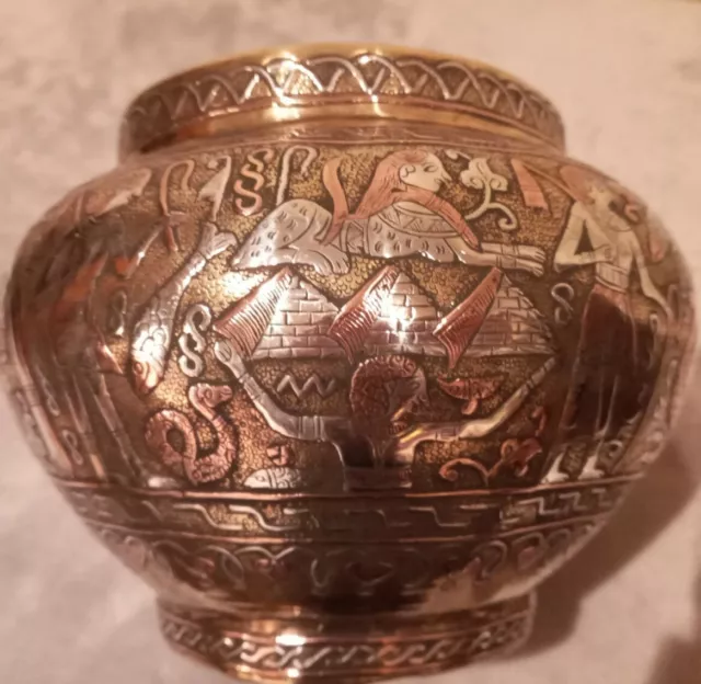 Antique Silver Copper Brass Cairo Ware Pot Pyramids Pharaoh's etc 13cm High