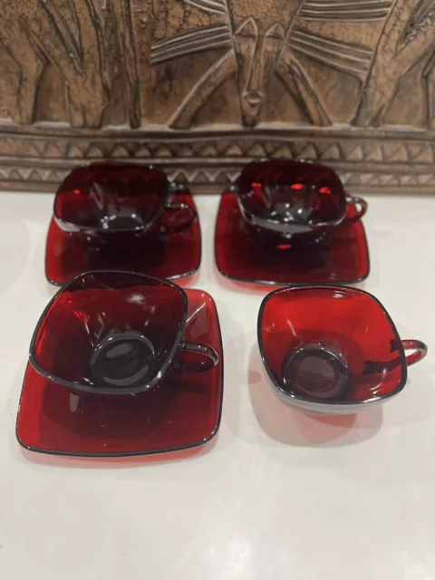 Anchor Hocking Charm Ruby Red Glass Cups (4) And  Saucer (3)