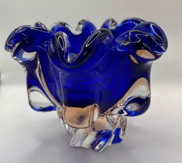 Josef Hospodka Art Glass Bowl Czechoslovakia Pink Blue heavy Hand Blown