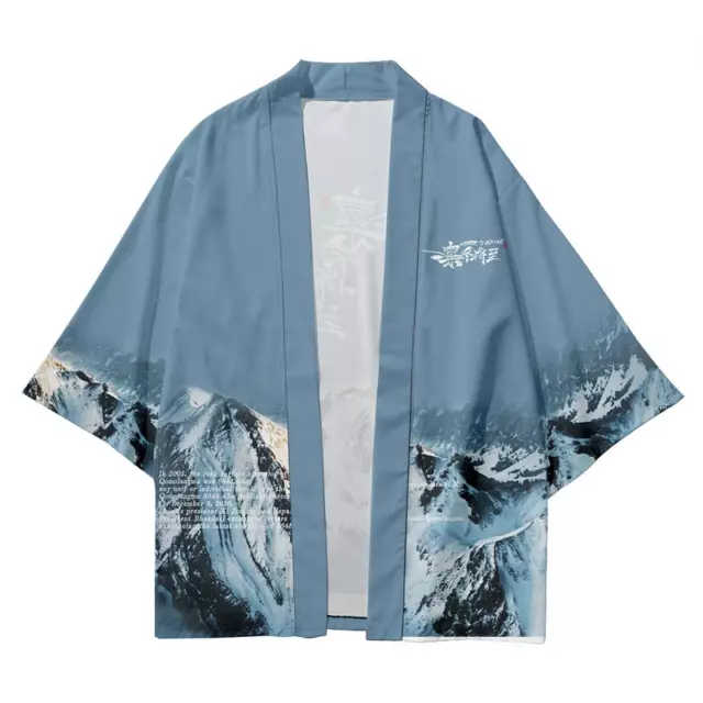 Men Kimono Coat Outwear Tops Pants Trousers Outfit Japanese Snow Mountain Print