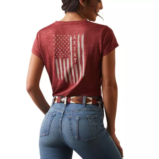 Ariat V-Neck T-Shirt Womens S Laguna Patriot Pomegranate Red Short Sleeve Flag