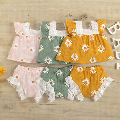 Newborn Baby Girls Summer Fly Sleeve Sunflower Tops Ruffled Shorts Outfits Set