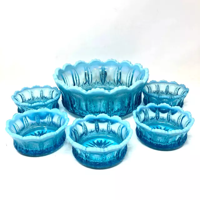 Jefferson Glass Iris with Meander Blue Opalescent Berry Bowl 1 Large 5 Small