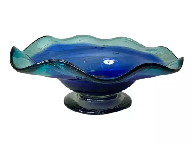 Hand blown Blue and Green Studio Art Glass Bowl Ruffled Edge 7 Inches diameter