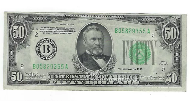 $50 1934 Series FRN New York Paper Money Light Green Seal XF-AU+ Currency