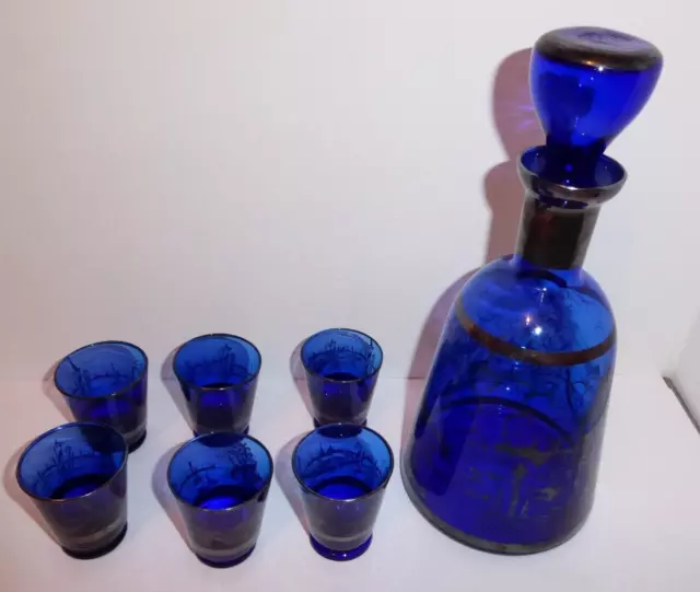 Vintage Blue Venetian Glass - 1960s - Decanter and 6 glasses