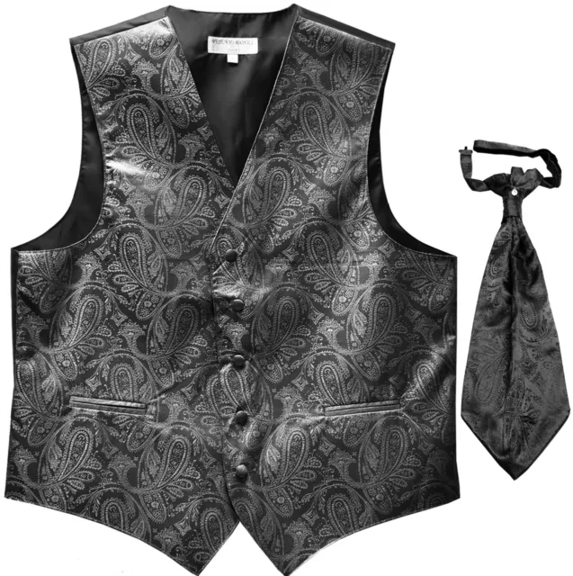 New Men's Paisley Tuxedo Vest Waistcoat & Ascot Cravat Wedding Prom Dark Gray