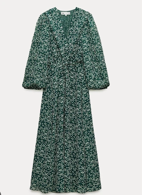ZARA WOMENS MAXI Dress Green White Long Balloon Sleeve Semi Sheer Size XL  42.30 - PicClick UK