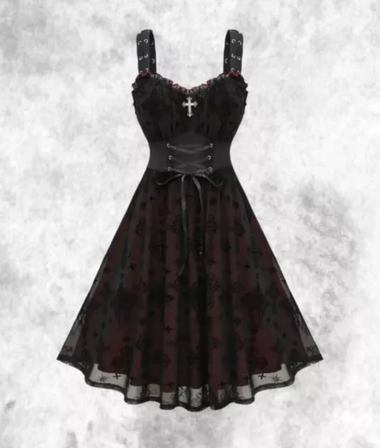New Black/Red Gothic Cross Velvet Flocked Corset Summer Dress size 5XL 26 28 30