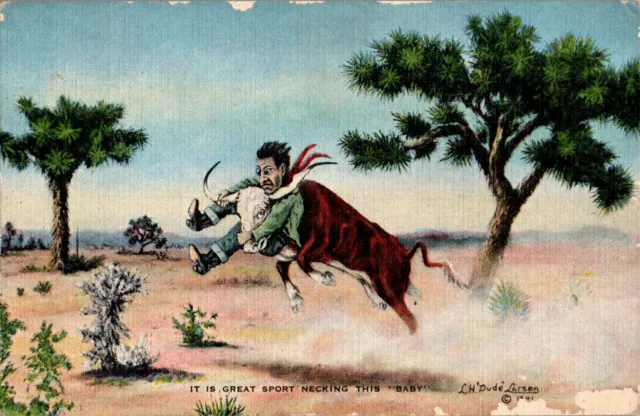 Bull Riding Humor, L. H. Dude Larsen painting 1943 linen Postcard