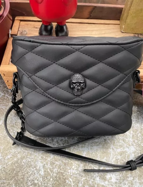 New BETSEY JOHNSON Quilted Faux Leather SKULL Crossbody Bag Purse BLACK