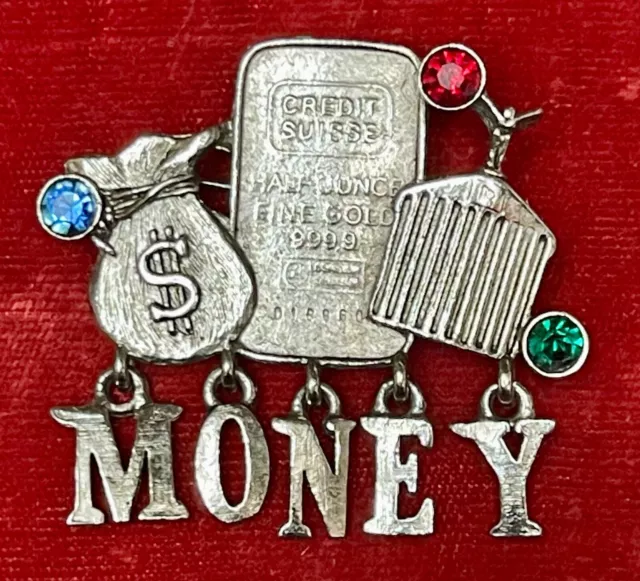 Vintage MONEY Dangle Credit Suisse Rolls Royce Money Bag Silver Tone Brooch Pin