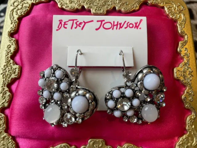 Betsey Johnson Something New White Clear Cabochon Crystal Flower Heart Earrings