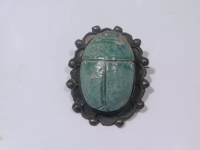 Authentic Antique Egyptian Revival Scarab Set In Sterling Silver Pin Hallmarked