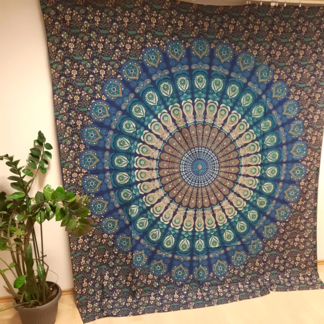 XXL 240x210cm  Mandala BLAU Wandbehang Tagesdecke Tuch Indien Nepal Tibet India