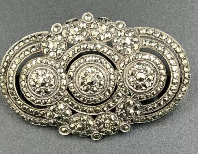 Large Antique 800 Solid Silver Brooch Set with Marcasite Art Deco 2