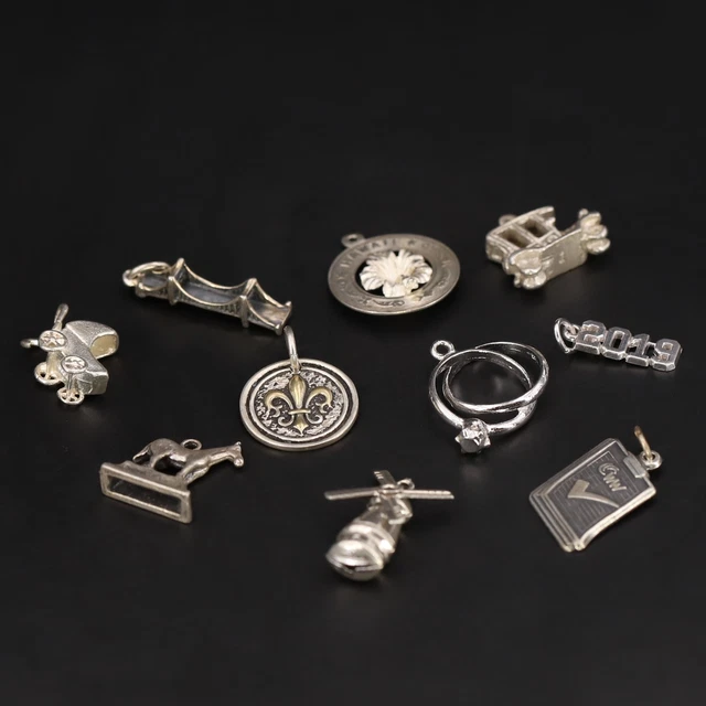 Sterling Silver - Lot of 10 Assorted Stroller Bridge Rings Bracelet Charms - 20g