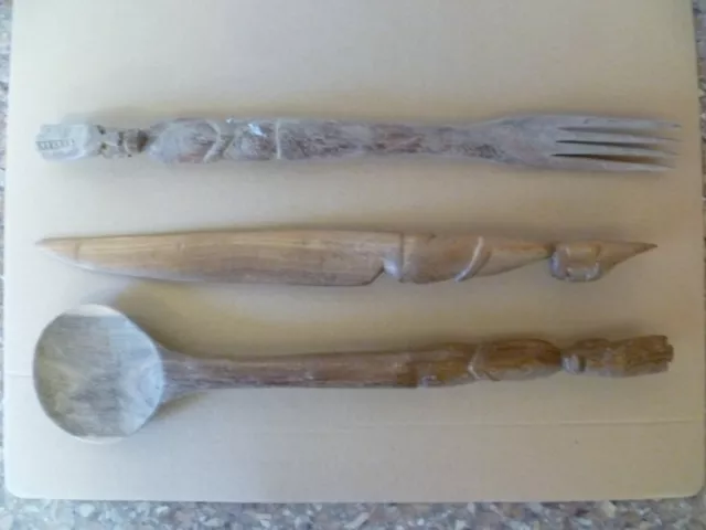 A Vintage, Set Of Three, Tribal African, Hand Carved Hardwood, Salad Servers