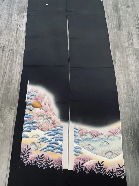Spectacular #C 14.5x64 LONG Tomesode Black Silk Japanese Kimono Fabric ToD39 2