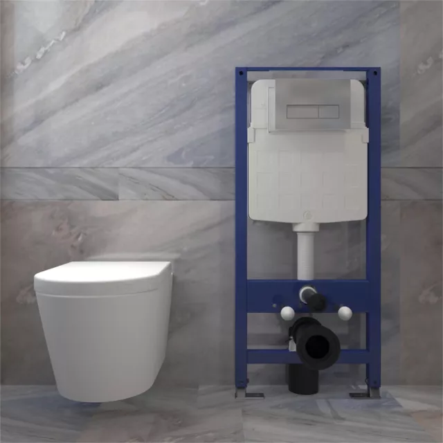 Round Rimless Wall Hung Toilet With Concealed Cistern Frame - Sliver Flush Plate