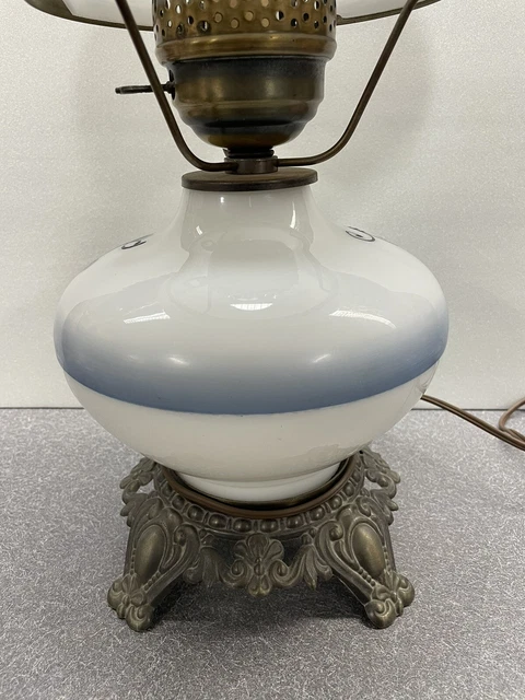 GWTW TABLE LAMP Victorian 3 WAY LIGHT Parlor 20" BRASS Milk Glass Blue Florals 9
