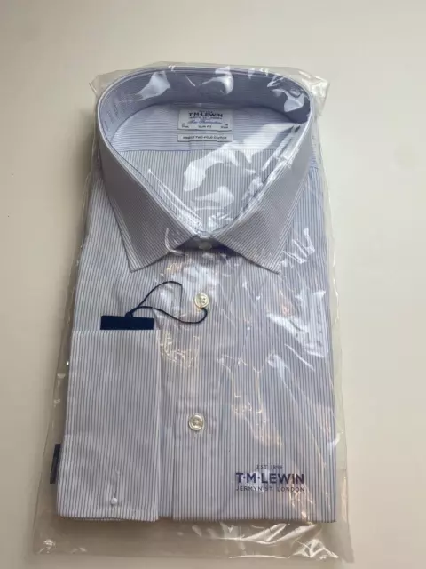 T.M. Camicia Lewin blu a righe 20"" - 38"" vestibilità regolare doppio polsino NUOVA