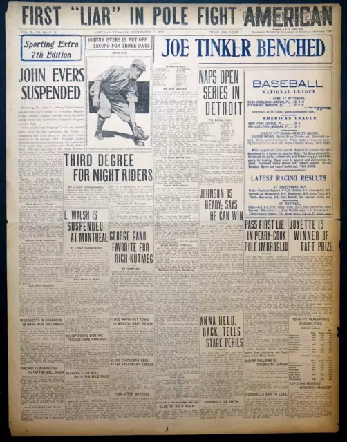 1909 Chicago Front Page - Cubs Johnny Evers Suspended, Leland Giants Best Team