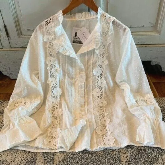 L New White Lace Long Sleeve Button Front Blouse Boho Top Womens Size LARGE NWT