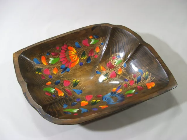 Vintage 1980's Hand Painted Floral Wooden Lacquered 18" Long Center Fruit Bowl