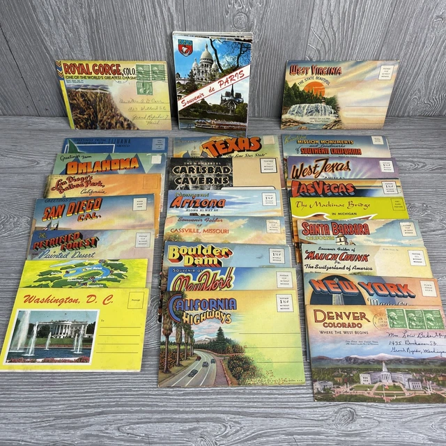 lot of 25 souvenir vintage postcard detachable fold out folder booklets