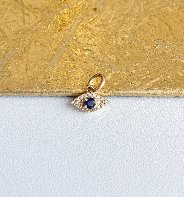 14KT Yellow Gold Pave Diamond + Blue Sapphire Evil Eye Mini Pendant Charm 10mm