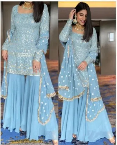 Set donna blu Kurta Sharara designer dupatta cucito abito pesante per diserbo