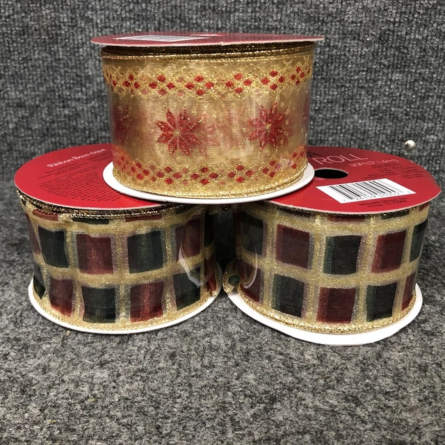 Lote de 3 Mega Rollos de Navidad Transparente Vintage 2 1/2"" Cableado 3 @ 10yardas Nuevo