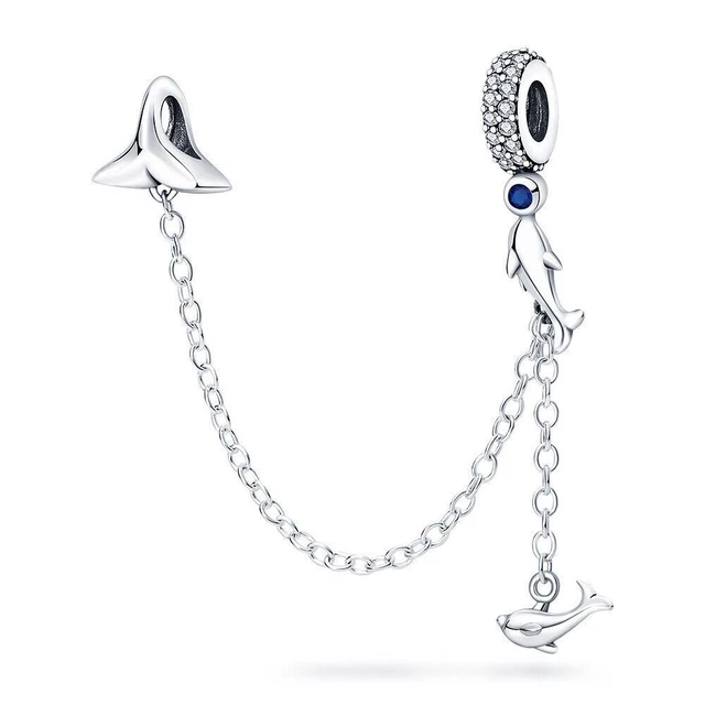 Wal Delfin Sicherheitskette Charm Echt Sterlingsilber 925 Ozean Meer Fisch Perle